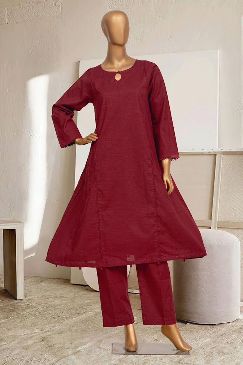 Khaddar Solid Frock Co-ords - Stitched Kurti & Trouser with Pintex & Lace work - Maroon