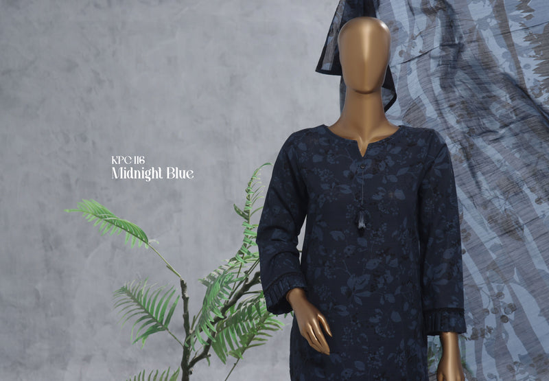 Khaddar - Stitched Printed 3 Piece Suit with Lace work - Midnight Blue