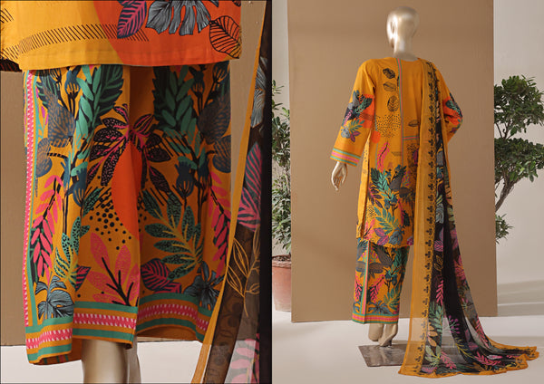 Cambric | Cotton - Stitched printed 3piece with Bamber chiffon Dupatta - Tropicana Mustard