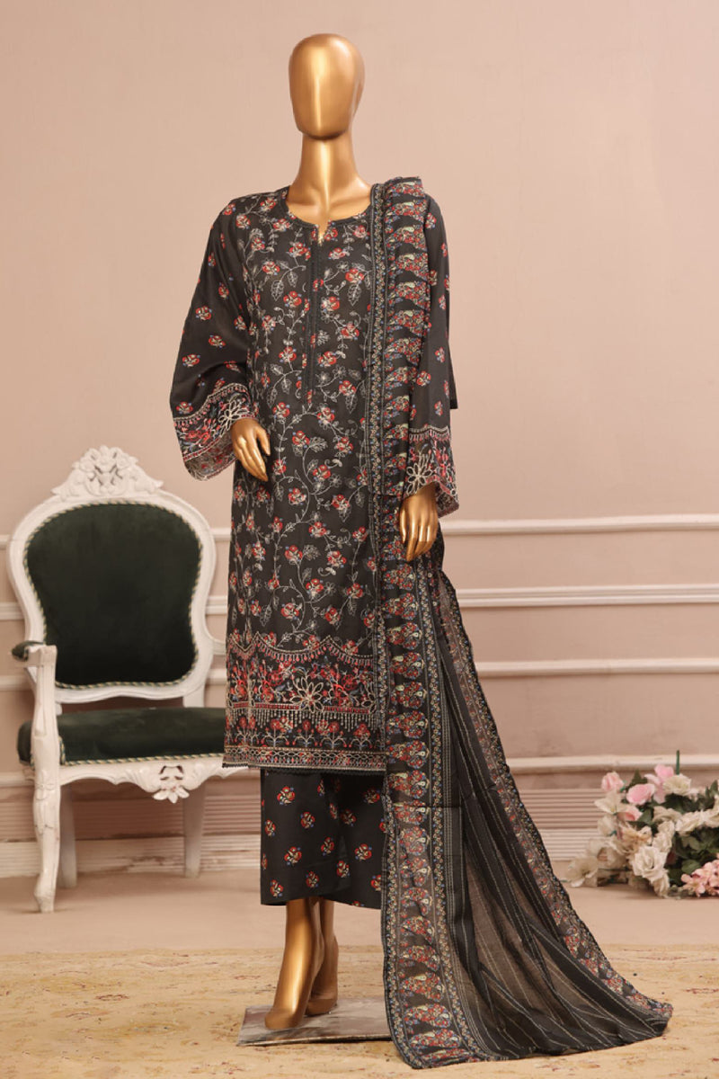 Lawn - Stitched Embroidered 3piece with Lace work - Dark Brown