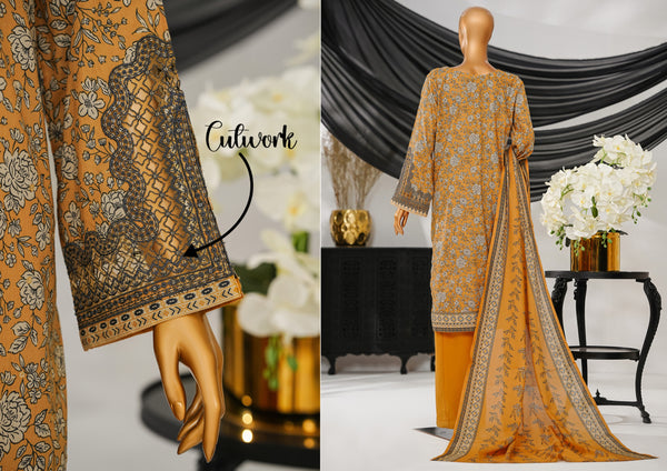 Cotton | Cambric - Stitched Embroidered 3piece with Lace work - Mustard