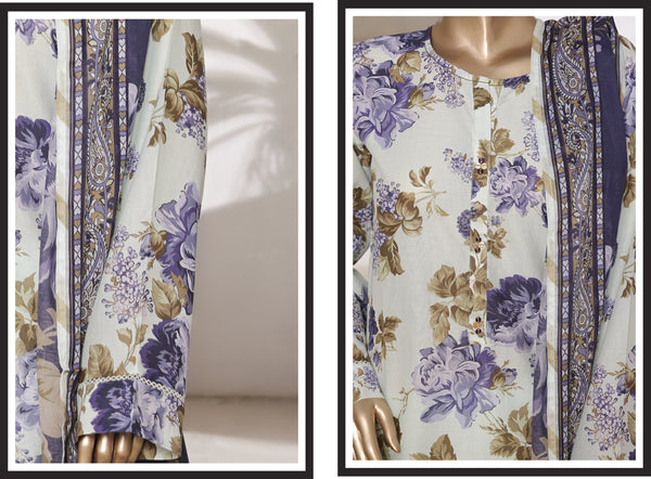 Lawn - Stitched printed 3piece with Lace work - White & Light purple