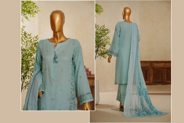 Lawn Jacquard - Stitched Embroidered 3 piece with lace work - Sapphire Blue