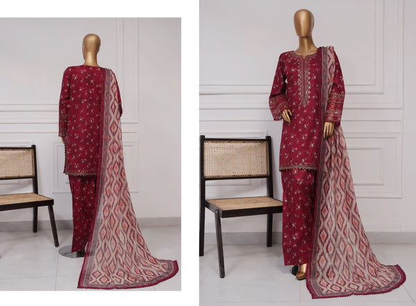 Lawn Farshi- Stitched Embroidered 3piece with Farshi shalwar - Maroon