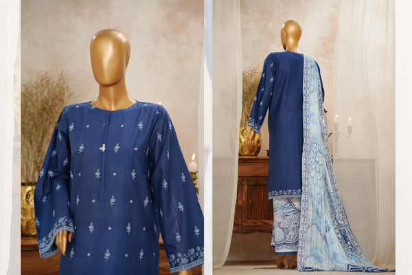 Lawn Slub - Stitched Chikankari Embroidered 3piece with Lace work - Blue
