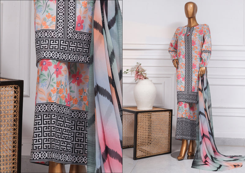 Lawn - Stitched printed 3 piece with chiffon dupatta - Floral Hues