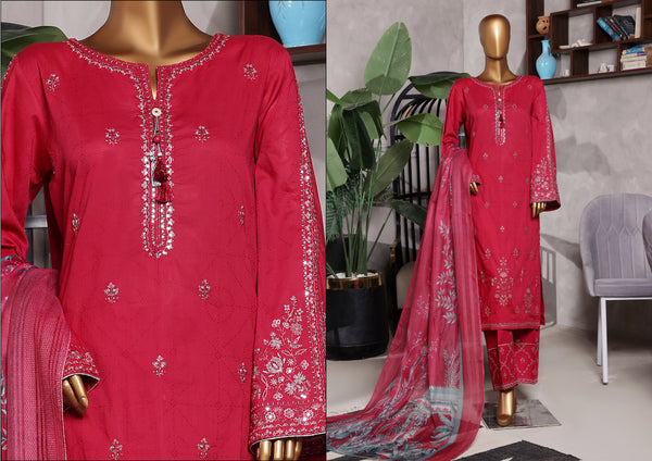 Lawn - Stitched Self Jacqaurd Embroidered 3piece with Emb trouser - Red
