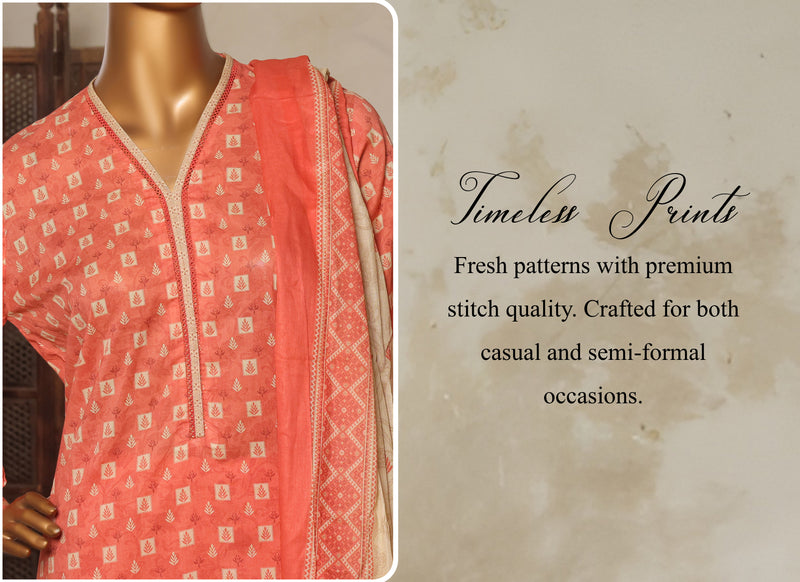 Lawn - Stitched printed 3piece with Lace work - Orange