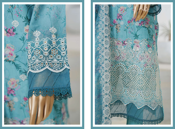 Lawn Chikankari - Stitched Embroidered 3piece with Cutwork and Embroidered Chiffon Dupatta - Sky Blue