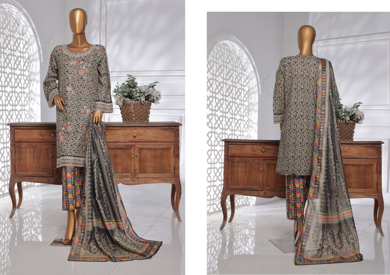 Lawn Chickankari - Stitched Embroidered 3piece with Lace work  - Black & Brown