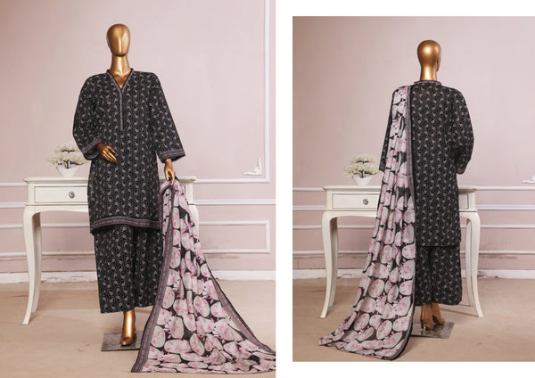 Lawn - Stitched printed 3piece with Farshi Shalwar - Black