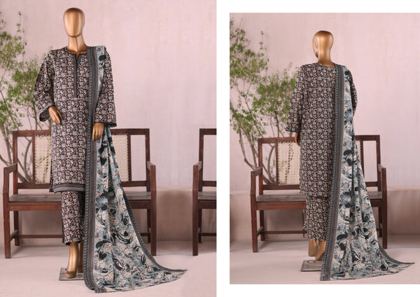 Khaddar - Stitched  printed 3piece with Lace work  - Black & Blue