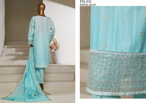 Lawn - Embroidered jacquard 3piece with Lace work - Pastel Blue