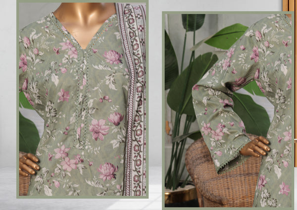 Lawn - Stitched printed 3piece with Lace work - Dull Green