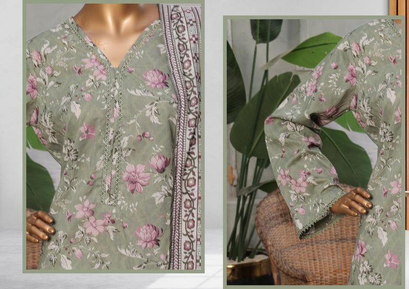 Lawn - Stitched printed 3piece with Lace work - Dull Green