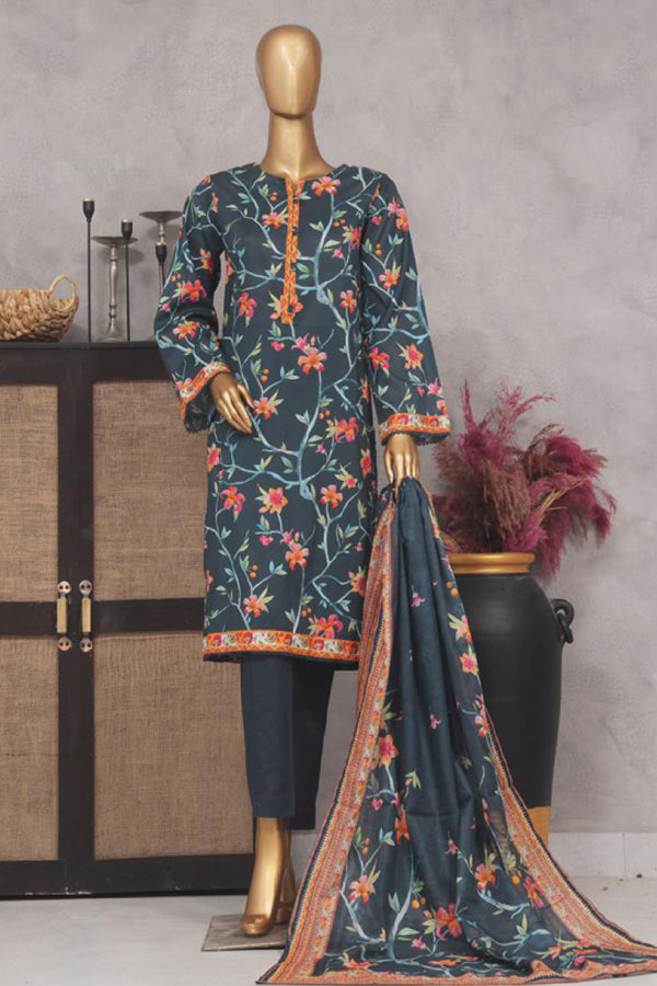 Lawn - Stitched Printed 3piece with Lace work - Dark Blue