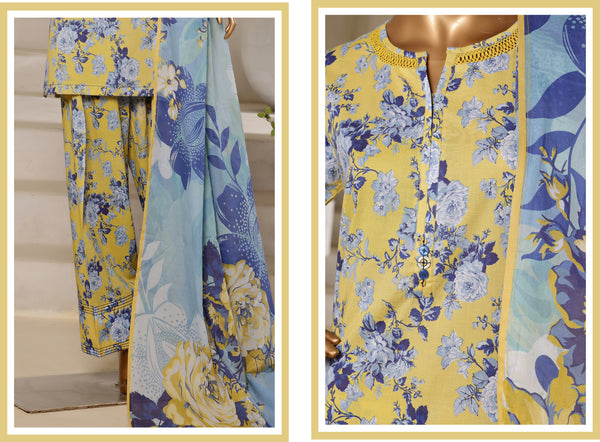 Lawn - Stitched printed 3piece with Farshi shalwar - Yellow