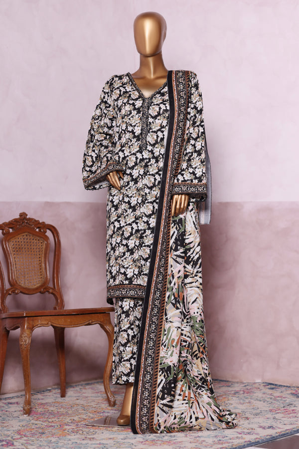 Khaddar - Stitched printed 3piece with Lace work - Black & White