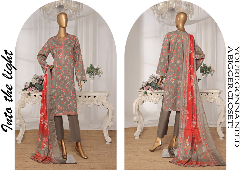 Lawn - Stitched printed 3piece with Lace work - Grey