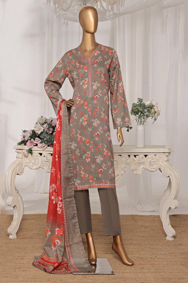 Lawn - Stitched printed 3piece with Lace work - Grey