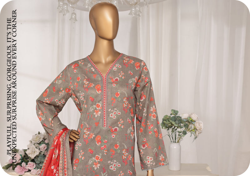Lawn - Stitched printed 3piece with Lace work - Grey