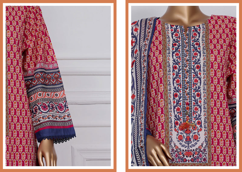Lawn - Stitched printed 3piece with Lace work - Pink
