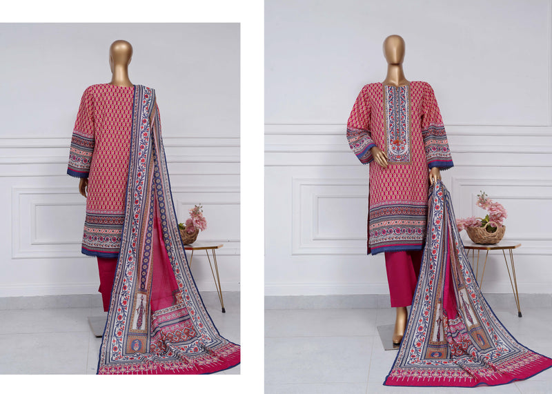 Lawn - Stitched printed 3piece with Lace work - Pink