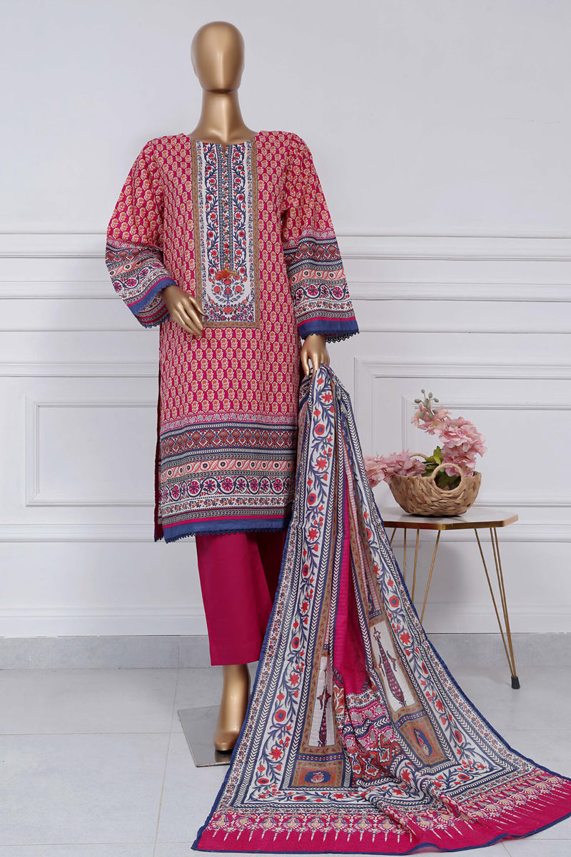 Lawn - Stitched printed 3piece with Lace work - Pink