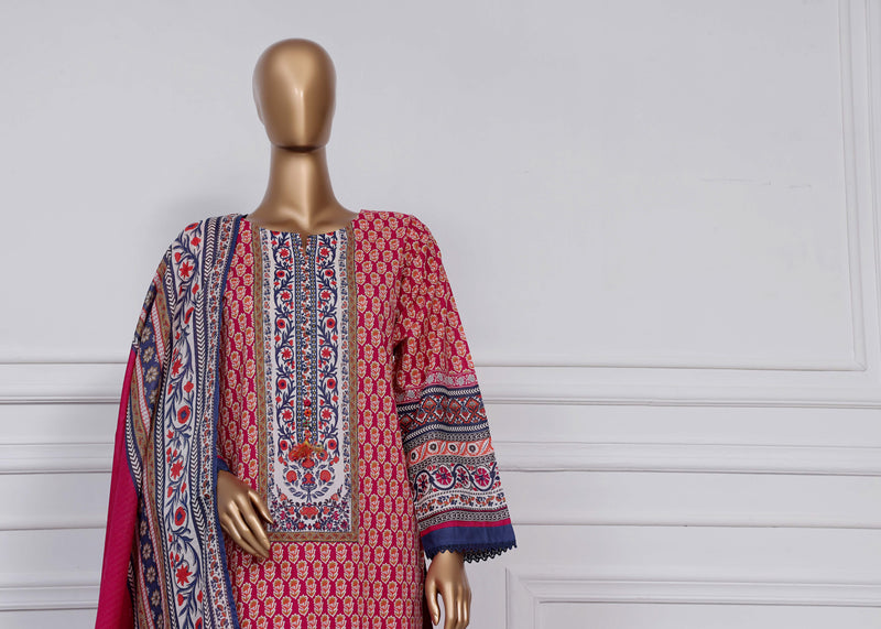 Lawn - Stitched printed 3piece with Lace work - Pink