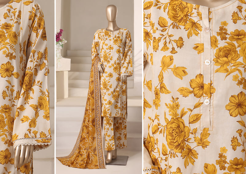 Cambric - Stitched printed 3piece with Lace work - Beige Yellow