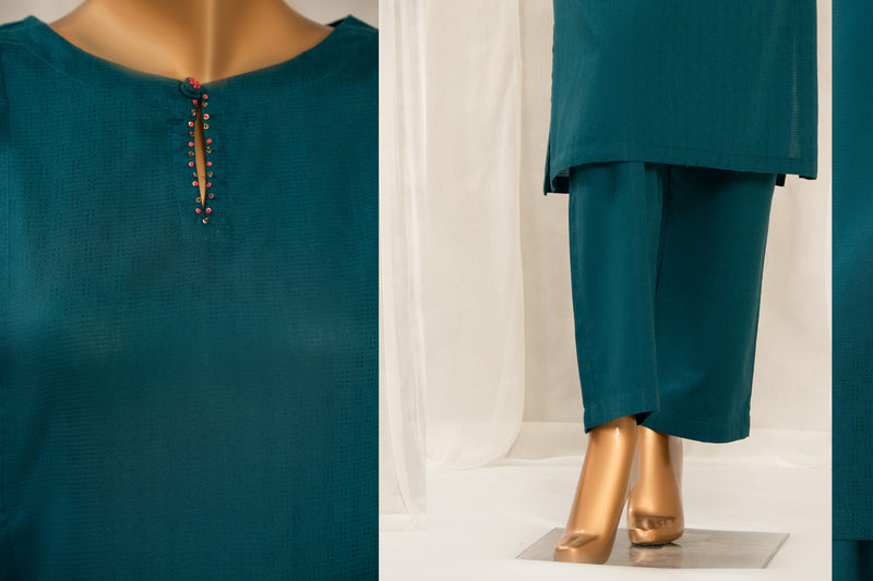 Lawn Jacquard - Stitched Jacquard Shirt with Highlights of Hand Touching Embellishment - Teal