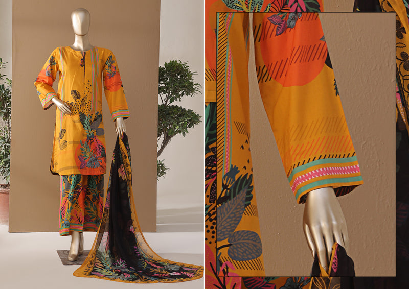 Cambric | Cotton - Stitched printed 3piece with Bamber chiffon Dupatta - Tropicana Mustard