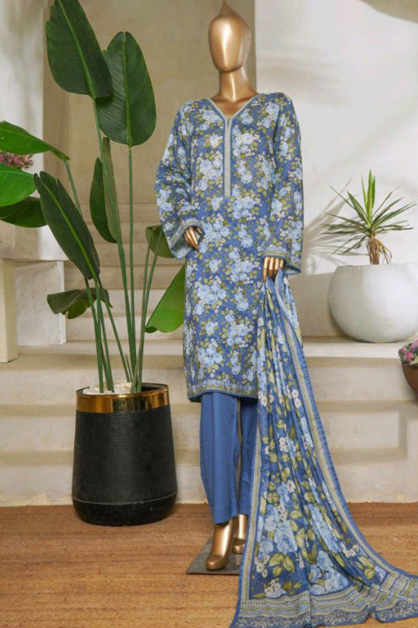 Lawn - Stitched printed 3piece with Lace work - Blue