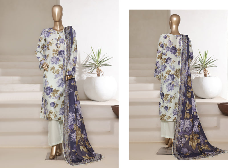 Lawn - Stitched printed 3piece with Lace work - White & Light purple