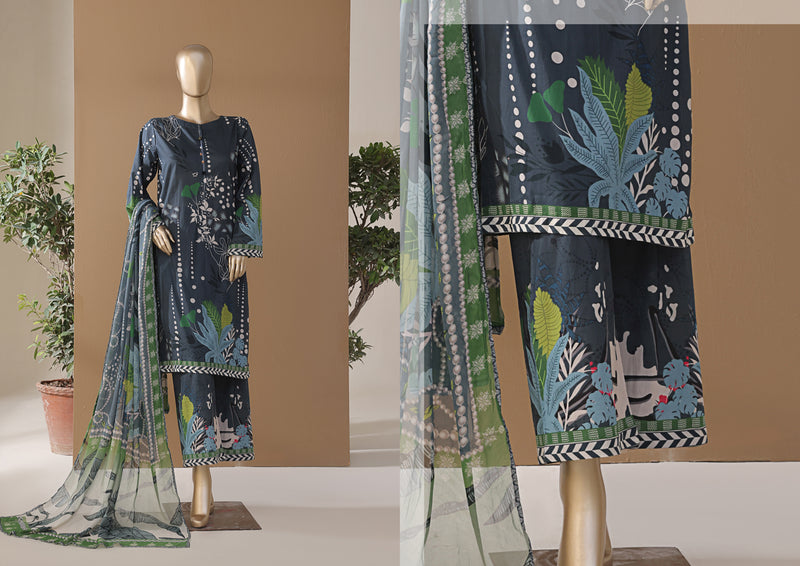 Cambric | Cotton - Stitched printed 3piece with Bamber chiffon Dupatta - Navy Blue
