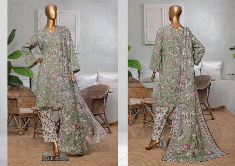 Lawn - Stitched printed 3piece with Lace work - Dull Green