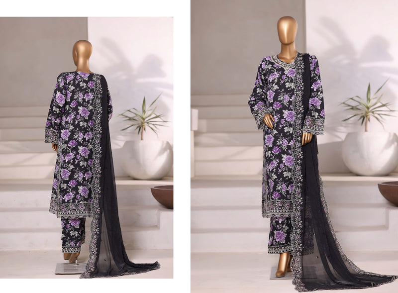 Luxury viscose - Stitched Embroidered 3piece with Chiffon embroidered Dupatta - Black