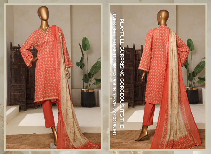 Lawn - Stitched printed 3piece with Lace work - Orange