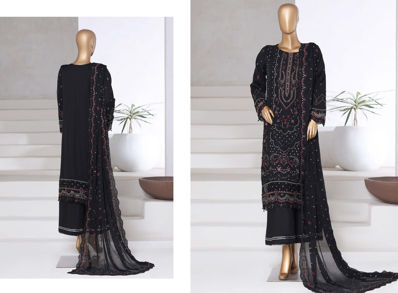 Chiffon - Stitched Formal Embroidered 3piece with Hand work - Black