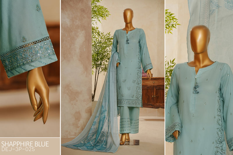 Lawn Jacquard - Stitched Embroidered 3 piece with lace work - Sapphire Blue