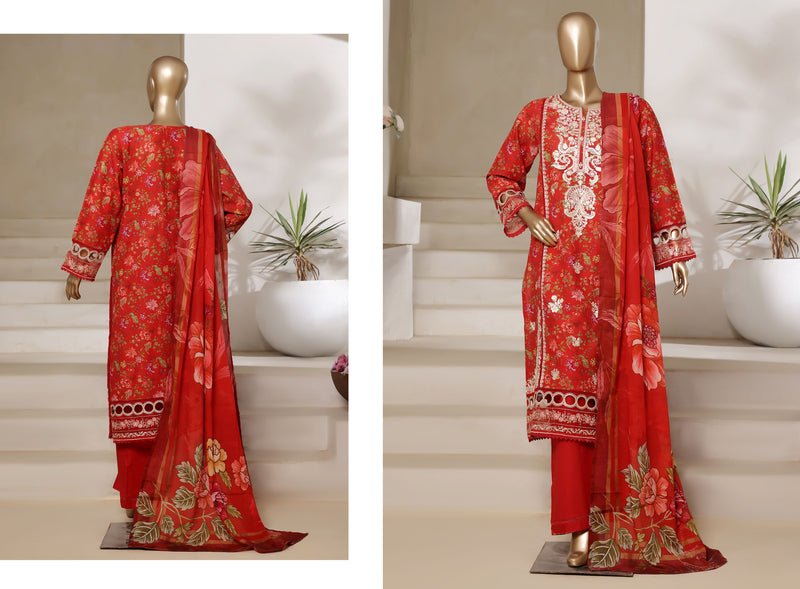 Lawn - Stitched Digital Printed Embroidered 3piece with Lace work - Red