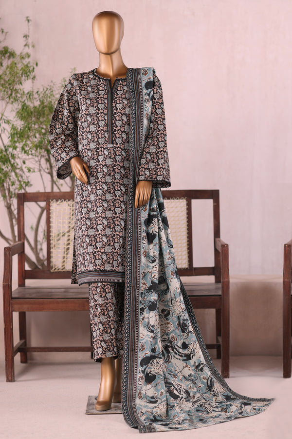 Khaddar - Stitched  printed 3piece with Lace work  - Black & Blue