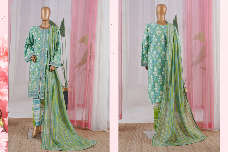 Lawn - Stitched Embroidered 3piece with Zari work & Lace work - Green