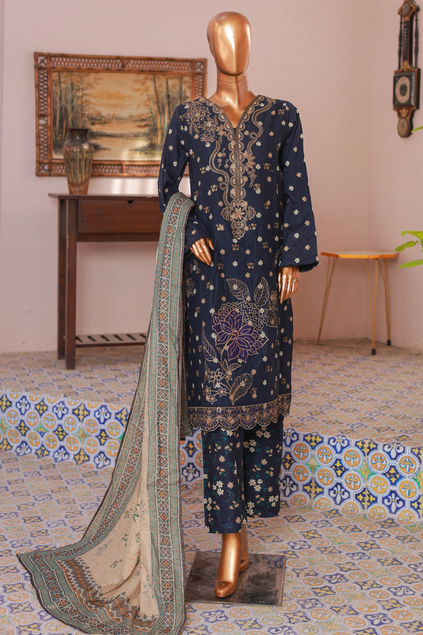 Lawn Self stripe- Stitched Embroidered 3piece with Lace work - Navy Blue