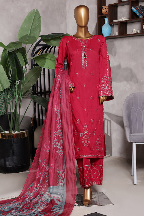Lawn - Stitched Self Jacqaurd Embroidered 3piece with Emb trouser - Red