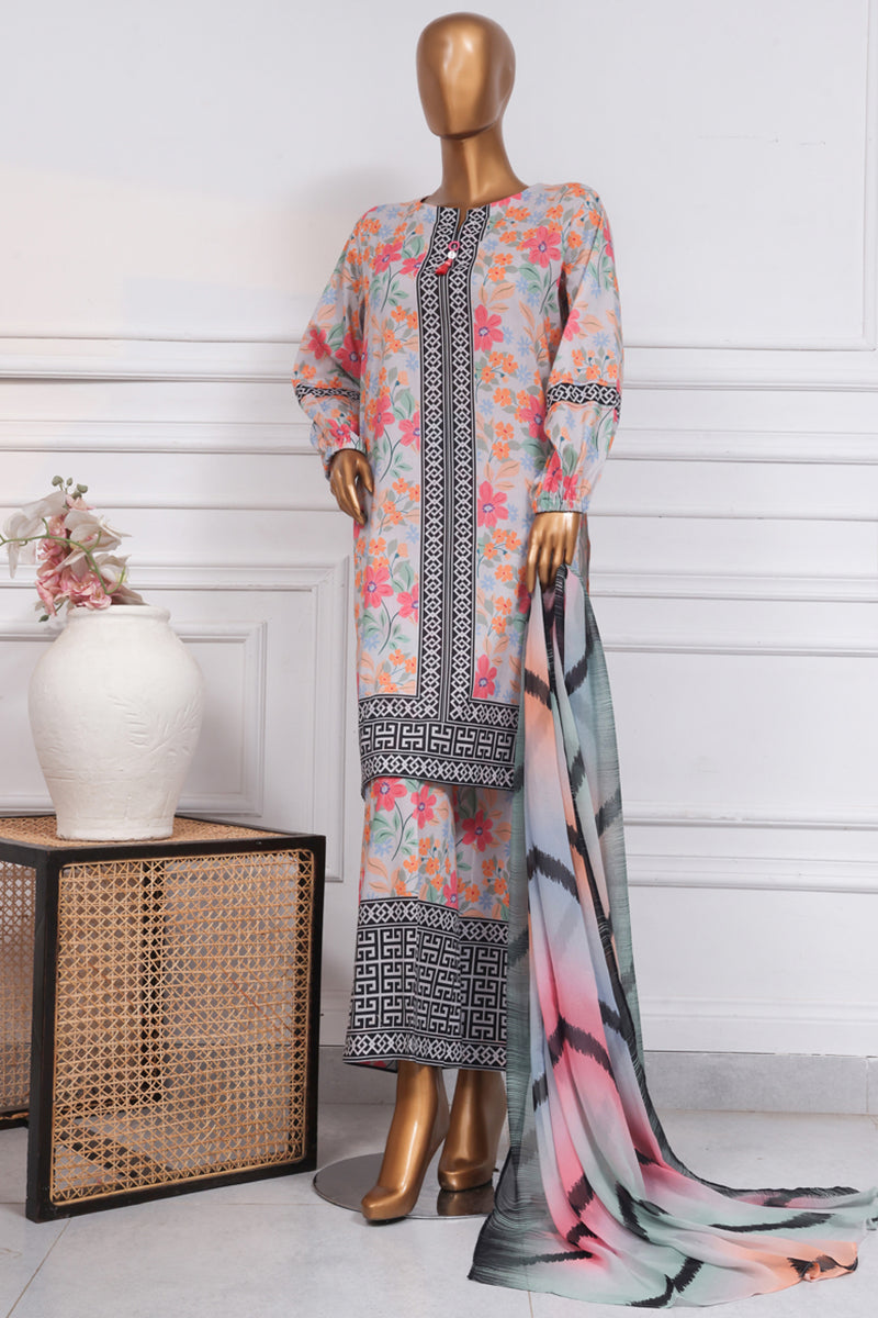 Lawn - Stitched printed 3 piece with chiffon dupatta - Floral Hues