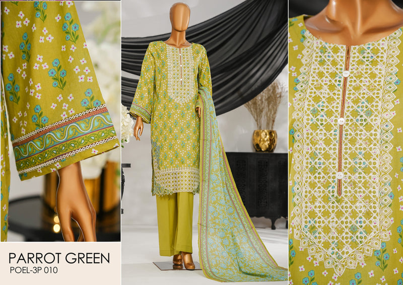 Cotton | Cambric - Stitched Embroidered 3piece with Lace work - Parrot Green