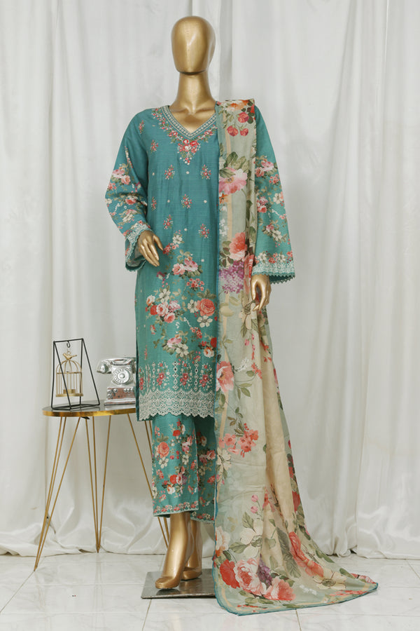 Lawn - Stitched Embroidered 3piece with Lace work - Sea Green