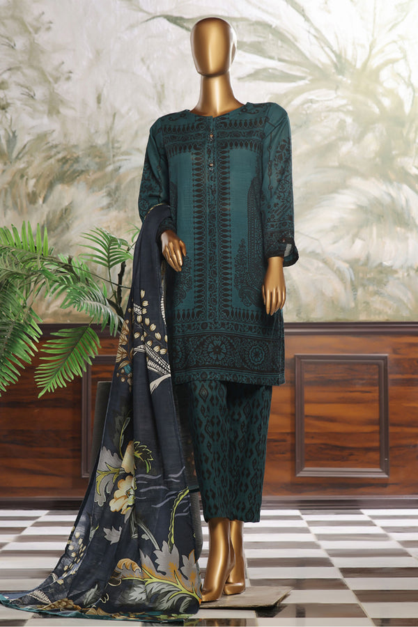 Khaddar - Stitched printed 3piece ready to wear - Emerald Green