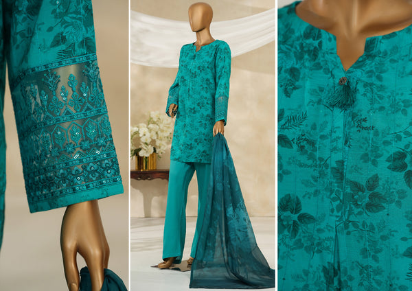 Cambric | Cotton - Stitched printed embroidered silk 3piece with Boring, Cutwork & Mirror work - Turquise